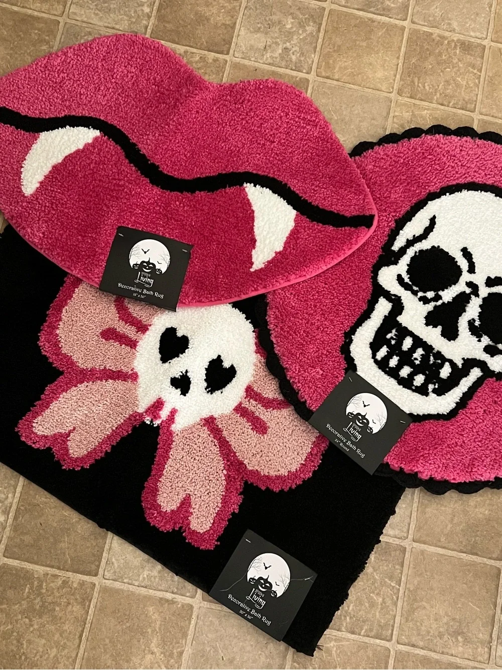 Gothic Pink & Black Skull & Bow, Skeleton & Vampire Lips 3pc Halloween Bath Rugs